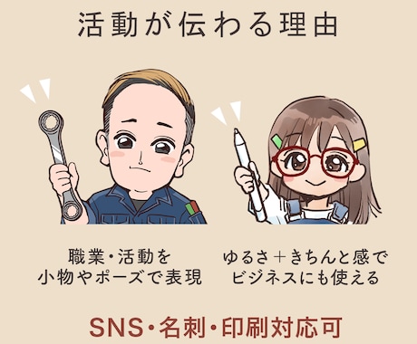 職業ちびキャラ似顔絵アイコン描きます 活動内容が一目で伝わる「小物付き」ちびキャラを制作します。 イメージ2