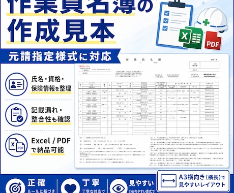 建設業の安全書類を正確に作成・チェックします 作業員名簿10名まで｜元請指定Excel様式にも対応 イメージ2
