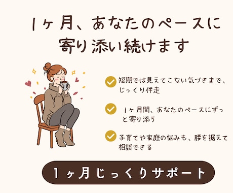 1ヶ月、あなたのペースに寄り添い続けます 短期では出会えない気づきまで、じっくり伴走します イメージ1