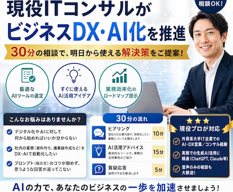 現役ITコンサルがビジネスDX・AI化を推進します AIの導入や業務効率化の悩みを30分で即解決します！ イメージ1