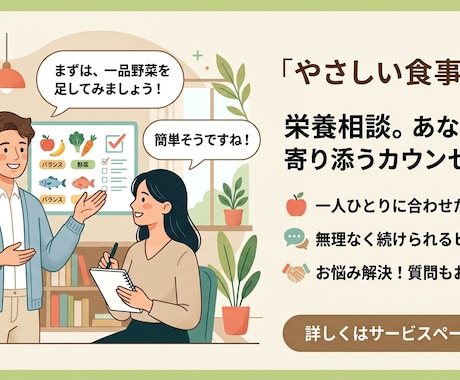 初心者向けの食事指導をします 続かない、やり方がわからない方におすすめの指導をします！ イメージ1