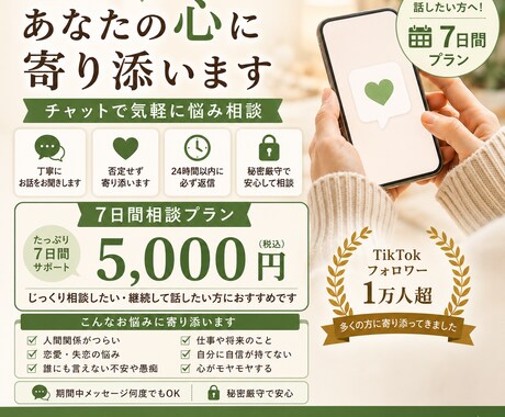 ひとりで抱えている悩み、7日間じっくり寄り添います 「聞いてほしい」それだけでも大丈夫です イメージ1