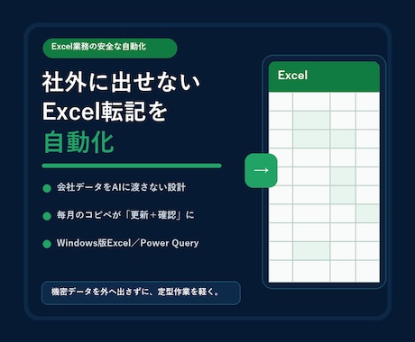 社外に出せないExcel転記を自動化します 御社データをAIに入れずExcel転記を自動化 イメージ1