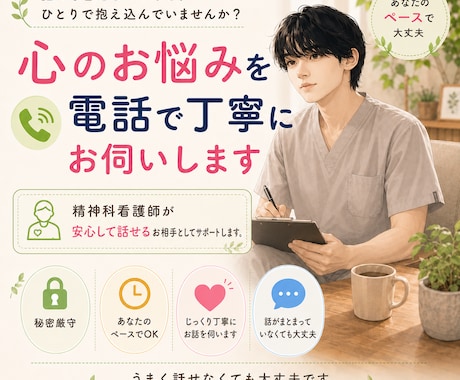精神科看護師が、あなたの心の悩みと向き合います 不安の緩和、焦りや悩みの整理にご活用ください。 イメージ1