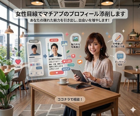 女性目線でマチアプのプロフィール添削します いいねが増えないなどの悩みを楽しく作戦会議しましょう◎ イメージ1