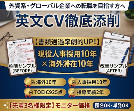 英文履歴書CV：採用担当目線で添削します 英語が原因で書類落ちしないための視点 イメージ1