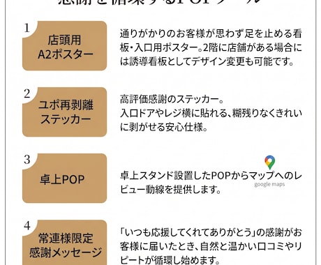 道ゆく人が足を止める、高評価感謝ツール作成します 店内には、高評価が自然と集まるツールや常連が喜ぶ仕組みを提案 イメージ2