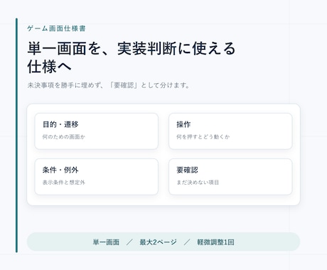 ゲームの1画面を実装向け仕様書にまとめます 未決事項を分け、実装担当が迷いにくい資料へ整えます イメージ1