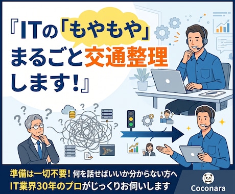 何を話せばいいの？ もやっとしたまま相談に乗ります 「どこに何から相談すべき？」そのITの迷いごと丸投げOK イメージ1