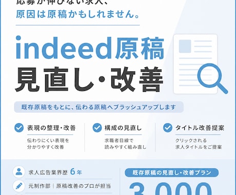 Indeed(インディード)の既存原稿を改善します 即日対応⭕️求人広告マンが応募に繋がるindeed原稿に改善 イメージ1