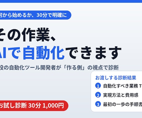 AIで業務のどこを自動化すべきか診断します 30分で優先順位と費用感まで整理｜何から始めるか明確に イメージ1