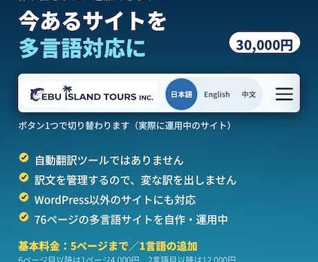 今あるサイトを多言語対応にします 自動翻訳ではありません。訳文を管理できる方式で実装します イメージ1