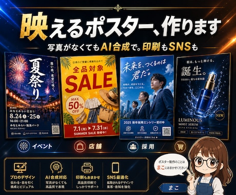映えるポスター1枚作ります 写真がなくてもOK。印刷もSNSも、これ1枚。 イメージ1