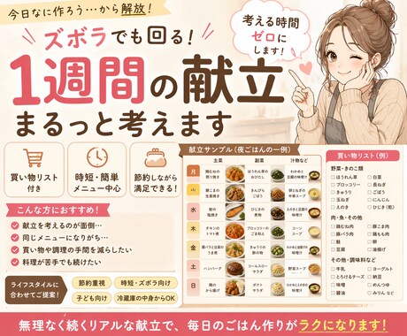 ズボラでも続く1週間献立作成します 買い物リスト付きでそのまま使える イメージ1