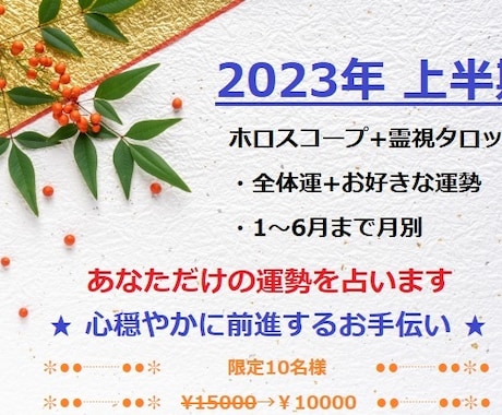 2023年上半期☆全体運+希望の運勢月別も占います 限定10名様☆感謝を込めての特価価格☆ボリューム大！