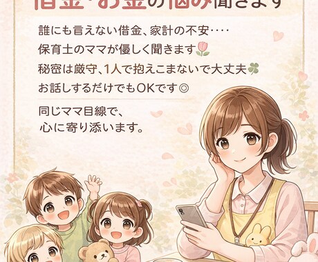 4人育児保育士ママが借金・お金の不安悩みを聞きます 保育士ママが否定せず優しく聞きます。秘密厳守！ イメージ1