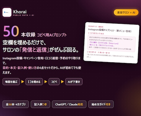 美容サロンのAIプロンプト50本を渡します 空欄を埋めるだけ。集客文も口コミ返信もAIで時短できます イメージ1