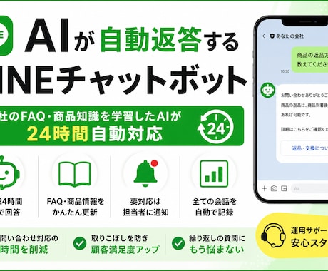 AIが自動返答するLINEチャットボットを作ります 貴社のFAQ・商品知識を学習したAIが24時間自動対応 イメージ1