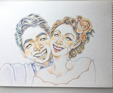 結婚式向きの似顔絵を手描きます 色鉛筆ならではのリアル風な似顔絵です イメージ1