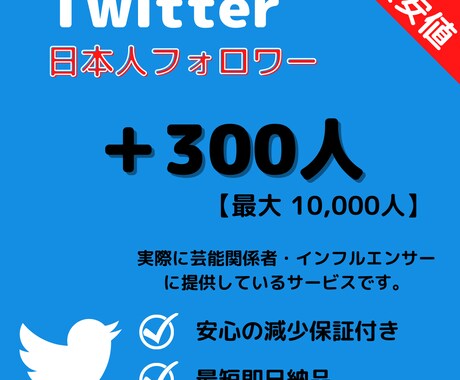 ツイッター★日本人フォロワー+300人増加します 【最高品質】保証あり｜最短即日納品｜宣伝・拡散 イメージ1