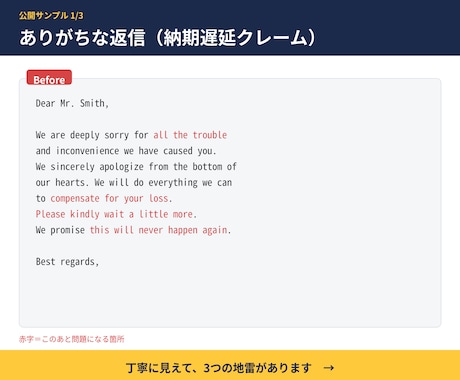 海外との英文メール(クレーム・催促等)を添削します 相手を怒らせず要求を通す。「なぜこう書くか」の解説つき イメージ2