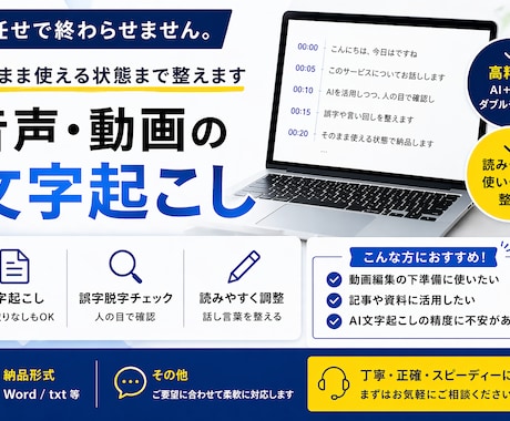 動画・音声を正確に文字起こし＆整えます AI任せで終わらせません。そのまま使える状態まで整えます イメージ2