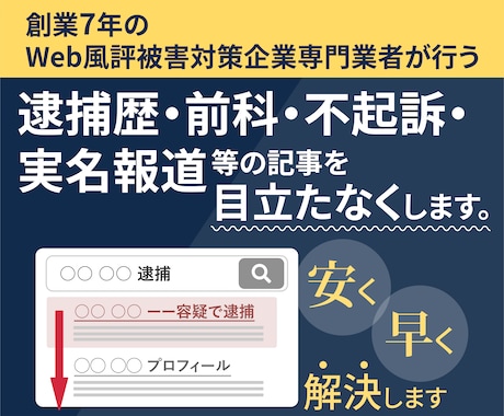 逮捕歴・実名報道などのネット拡散情報を鎮静します 逮捕歴・前科・不起訴・実名報道等、拡散情報を目立たなくします イメージ1