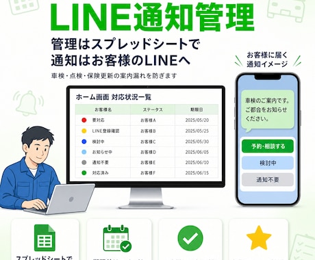 車検・点検・保険更新のLINE案内管理を作ります 初期モニター価格での受付中です イメージ1