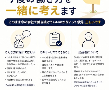 このままでいいのか、今後の働き方を一緒に考え	ます このまま今の会社で働き続けていいのかな？って感覚、正しいです イメージ1