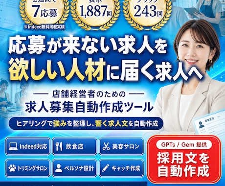 応募が来ない求人を“欲しい人材に届く求人”にします 店舗経営者のための求人募集自動作成ツール イメージ1