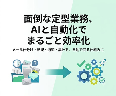 面倒な定型業務、AIと自動化でまるごと効率化します メール処理・転記・通知など毎日の手作業を自動で回る仕組みに イメージ1