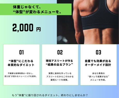 現役アスリートの視点から体重ではなく体型を変えます 無理のない習慣で鏡に映る体型を確実に変えていきます イメージ1