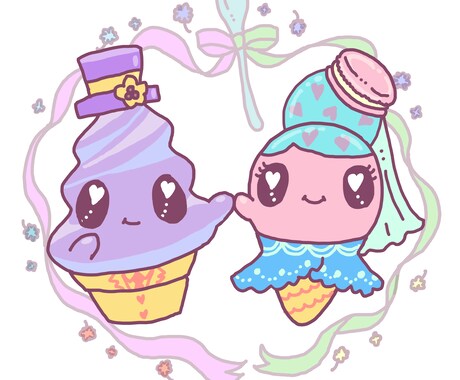 お2人のストーリーをウェディングイラストにします お二人をスイーツモチーフのゆるかわキャライラストにします♡ イメージ2