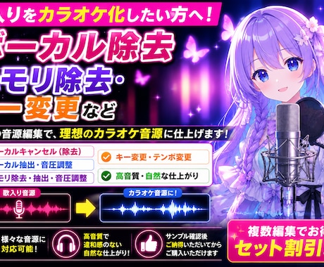 ボーカル除去・抽出・キー変更など音源編集します プロ歌手への提供実績あり◎【先着5名様】は500円引き‼️ イメージ2