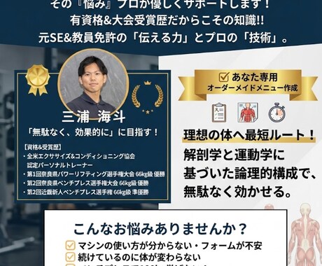 大会優勝&元全国1位トレーナーがメニュー作ります 実績作りのため有資格の現役トレーナーが格安でサポート！ イメージ1