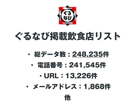 ぐるなび掲載飲食店リストを即納します 248,235件｜営業法人データ 電話・メール・HP情報含む イメージ2
