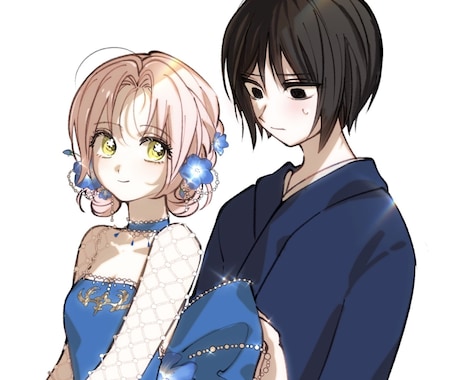 キャラクターもしくはカップルのイラストを制作します 凝った服飾や色彩に拘った光溢れるイラストが得意です♩ イメージ1