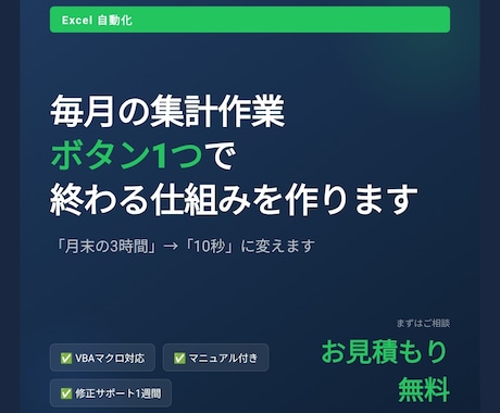 Excel集計ボタン1つで終わる仕組みを作ります 「月末の3時間」を「10秒」に変えます。 イメージ1