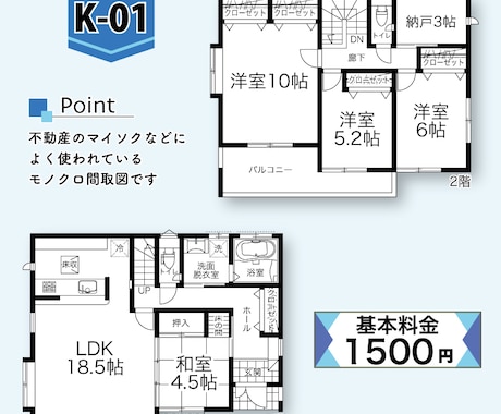 不動産広告のモノクロ間取図を作成します 翌日納品をお約束します。ご希望のデザインの間取図を作成します イメージ2