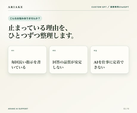 毎回の指示が不要な仕事専用GPTを作ります あなたの業務・口調・判断基準に合わせて設計します イメージ2