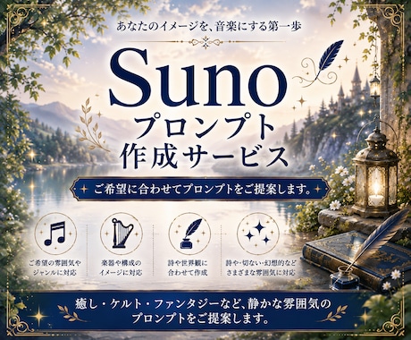 SunoのAI音楽プロンプトをご提案します あなたのイメージに合わせたSunoプロンプトを作成します。 イメージ1