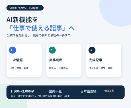 AI新機能を公式情報から実用記事にまとめます GeminiなどAI3社の発表を仕事で使える記事に イメージ1