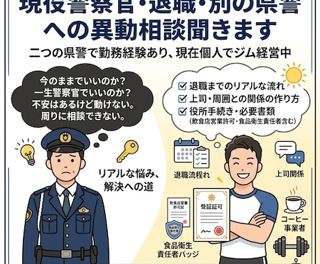 現役警察官、退職・別の県警への異動相談聞きます 二つの県警で勤務経験あり、現在個人でジム経営中 イメージ1