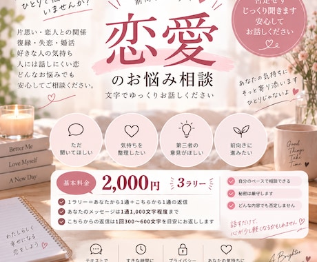 誰にも言えない恋愛のお悩みを文字でお聞きします 恋愛の悩みを自分のペースでゆっくりお話しください イメージ1