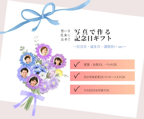 家族写真で作る花束ギフトを制作します ー母の日・還暦・誕生日にー 家族の想いを、ひとつの花束に。 イメージ2