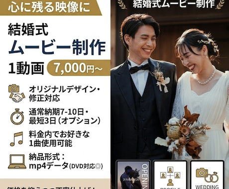 DVD納品可！格安で結婚式のムービー作成します オープニング・プロフィールムービーご希望の楽曲で制作♪ イメージ1