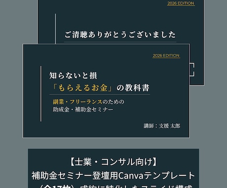 補助金セミナー登壇用テンプレ17枚｜編集できます 行政書士・税理士・中小企業診断士・IT導入支援事業者向け イメージ1