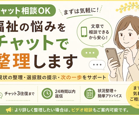 福祉の悩み、チャットで整理します いきなり話すのが不安な方へ。まずは文章で整理しませんか？ イメージ1