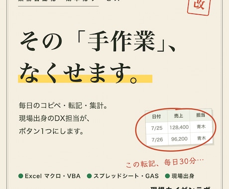 Excel・スプレッドシートの手作業なくします 「システム会社に頼むほどではない」困りごとが得意です イメージ1
