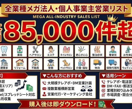 全業種営業リスト85000件超|20業種あります 20業種×全国85000件超！圧倒的ボリューム イメージ1
